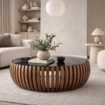 Nahla ( mesa de centro Nahla en madera con lamas verticales y cristal )