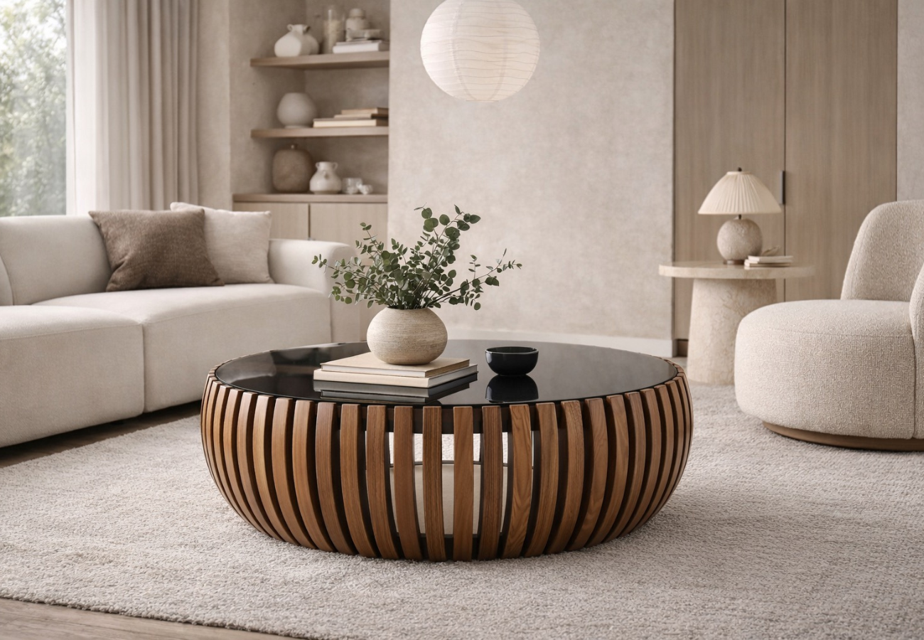 NAHLA2 Nahla ( mesa de centro Nahla en madera con lamas verticales y cristal ) - Imagen 1