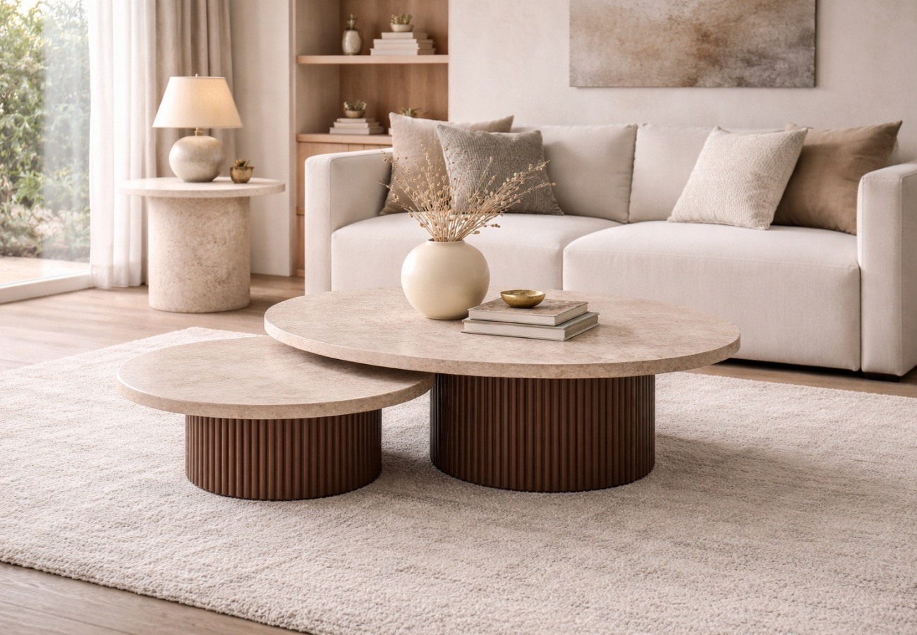 Rimal Rimal ( pack 2 mesas de centro Rimal nido con tablero efecto piedra y base acanalada) - Imagen 1