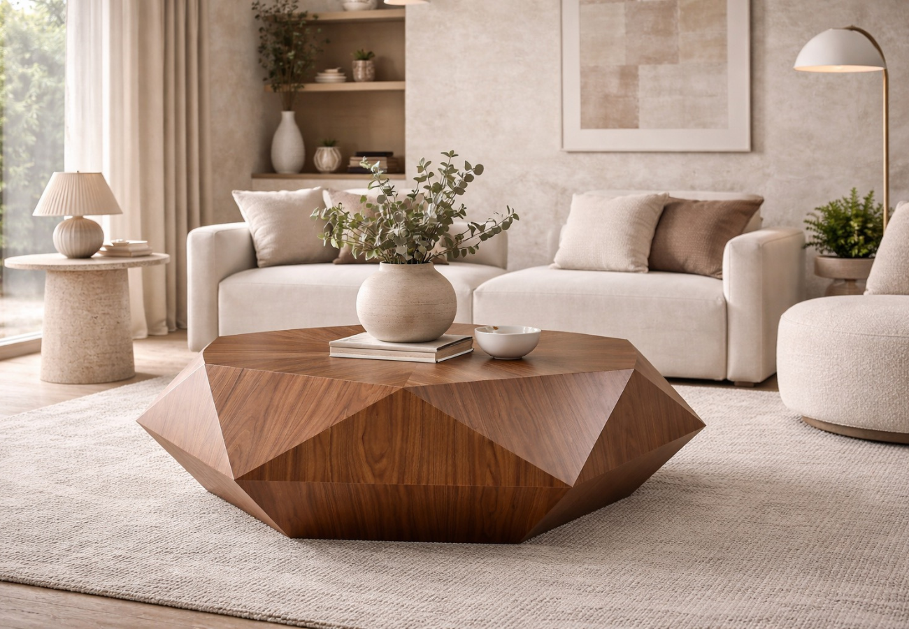 centro2 Prisma ( mesa de centro Prisma en madera facetada- diseño escultórico contemporáneo ) – Image 1